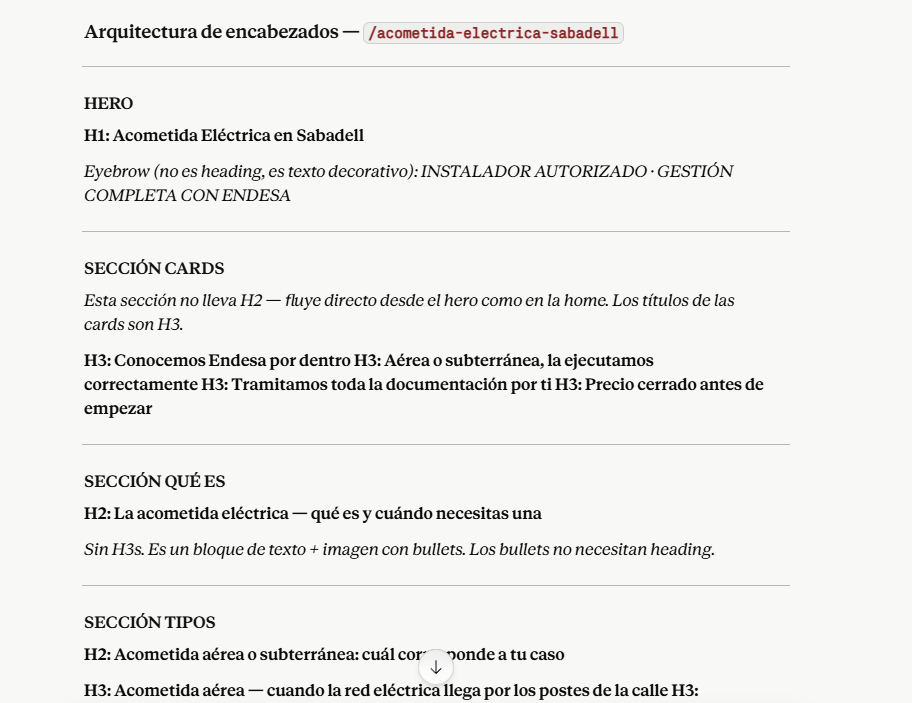 Captura: Jerarquía H1/H2/H3 completa para la página de acometidas — El esquema aprobado antes de pasar al diseño