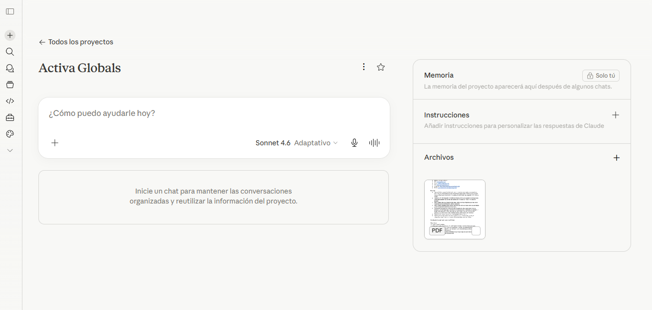 Captura: Proyecto creado en Claude + documento de contexto — Menú lateral → New Project → instrucciones del proyecto con el documento pegado