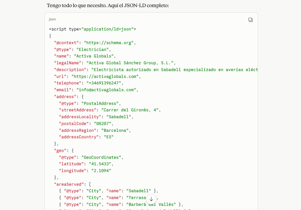 Captura: JSON-LD generado — El código listo para copiar y pegar en WordPress