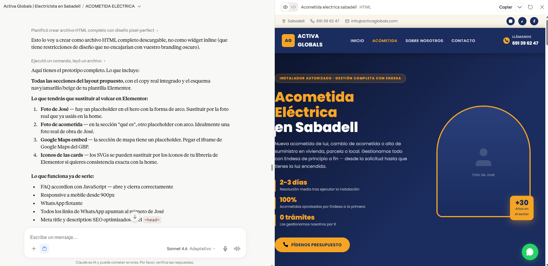 Captura: Prototipo HTML generado por Claude — mismos estilos que la plantilla, estructura definitiva aprobada