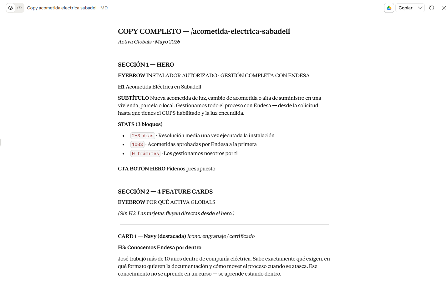 Captura: Texto SEO generado por secciones + checklist de keywords — Cada sección con su encabezado y el texto adaptado al bloque de diseño
