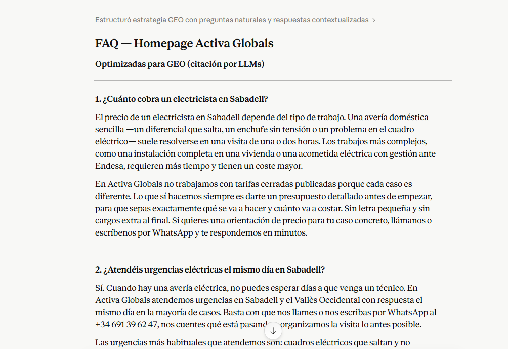 Captura: 10 FAQs generadas para la página GEO-optimizadas